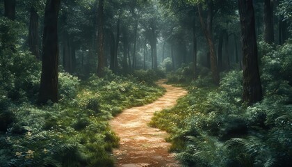 Obraz premium Forest pathway with lush trees, vibrant greenery, soft lighting, calm atmosphere, realistic textures, photo-realistic