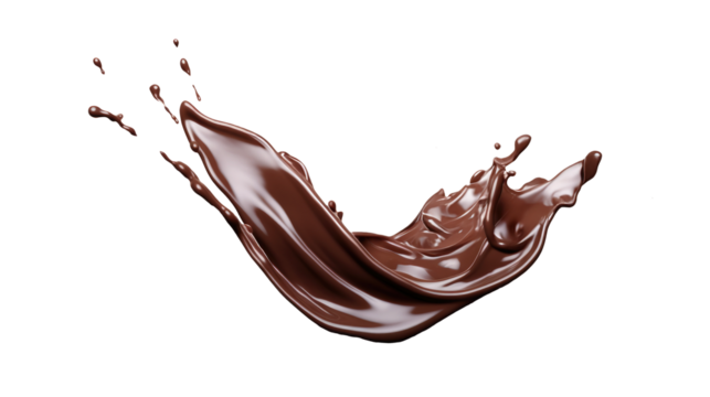 A dynamic splash of chocolate in mid-motion, captured with precision, evoking indulgence and artistic fluidity and movement.