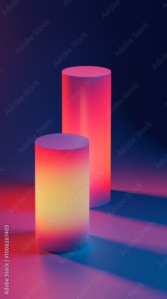 Poster two empty cylinder podiums casting a shadow on a studio background