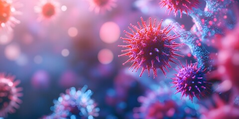 3D rendered microscopic view of colorful virus particles, showcasing a red spiky coronavirus and blue-purple microorganisms, presented in a cellular environment with vibrant colors.