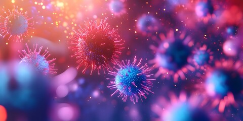 Fototapeta premium 3D rendered microscopic view of colorful virus particles, showcasing a red spiky coronavirus and blue-purple microorganisms, presented in a cellular environment with vibrant colors.
