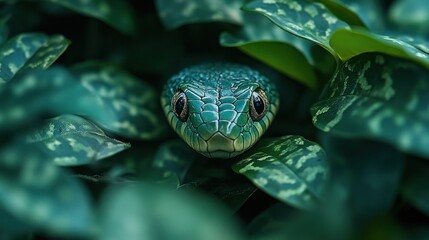 A close-up of a green snake peeking through lush leaves.