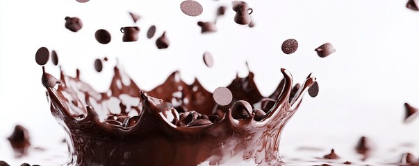 Fototapeta premium Chocolate chips splashing into crown shaped delicious melted chocolate