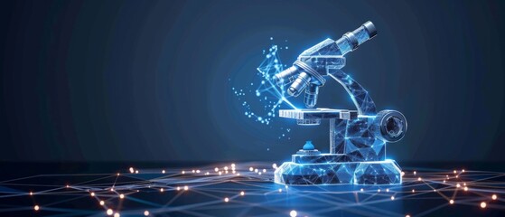 Digital Scientific Discovery Concept, blue 3D optical microscope in low poly design on a blue background, advancement in research and discovery, laboratory biotechnology and medical diagnostics.	
