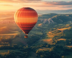 Obraz premium Hot air balloon floating over scenic landscape, vibrant colors, soft natural lighting, serene atmosphere, realism