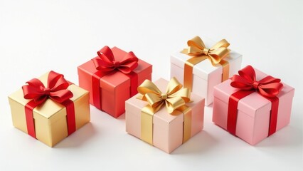 Obraz premium Colorful gift boxes with shiny bows, beautiful presents arrangement, holiday celebration decor, gift concept