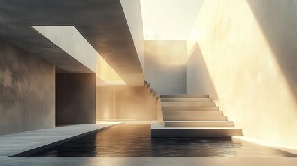 Fototapeta premium Minimalist building with sleek lines, neutral tones, soft lighting, modern design, clean composition, 3D render