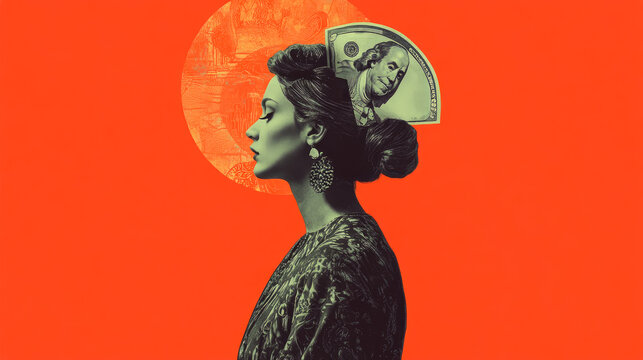 A woman's profile adorned with a hundred dollar bill headpiece on a vivid red background, symbolizing power and economic influence.