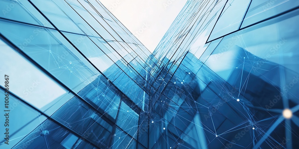 Poster a network of interconnected nodes forming an abstract, futuristic building with glass