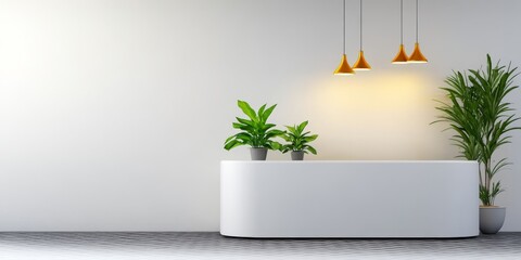 White Modern Reception Desk with Planters and Golden Pendant Lights