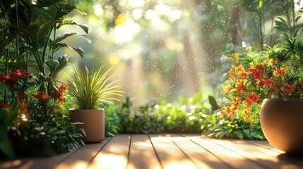 Obraz premium Organic gardening with vibrant plants, earthy tones, natural light, lush greenery, warm atmosphere, photo-realistic