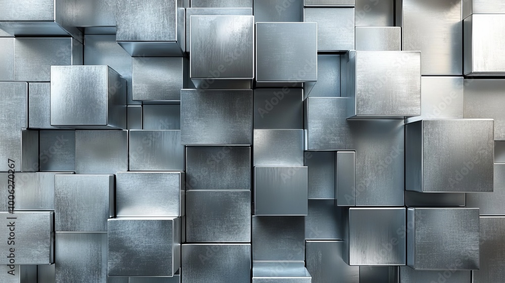 Poster abstract wall made of metallic cubes forming a random pattern