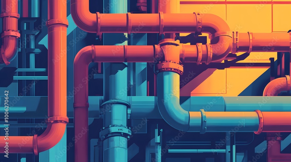 Poster a colorful image of pipes with a blue and red color scheme. the pipes are arranged in a way that the