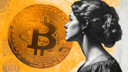 A woman in profile observes a large bitcoin symbol, illustrating the intersection of modern technology and human contemplation.