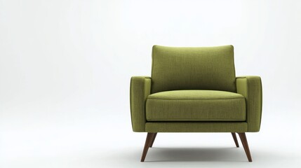 Modern green textile armchair standing on white background