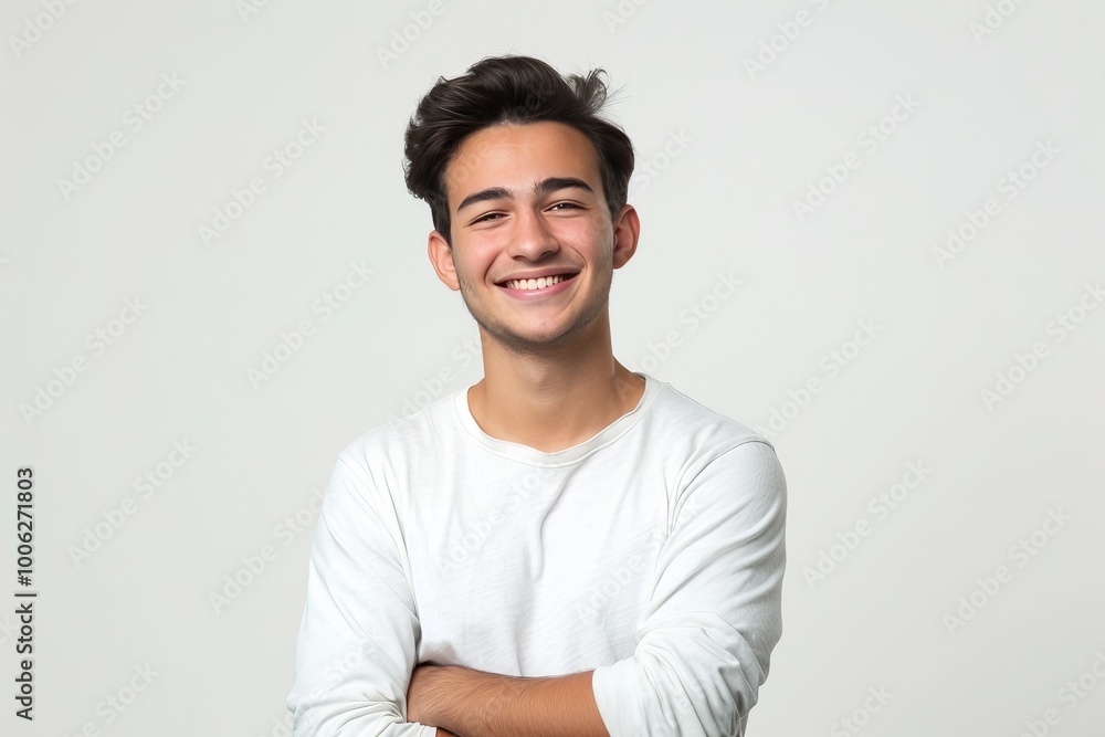 Wall mural Portrait of a handsome, smiling young man with folded arms on a white background , background blur