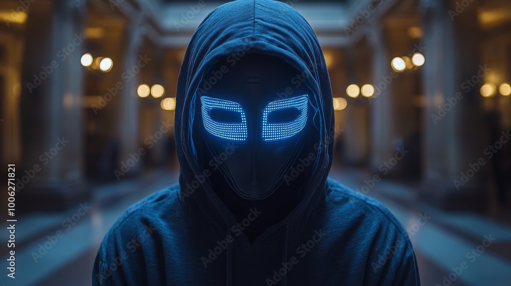 Poster hacker wearing a futuristic led mask standing in a public building