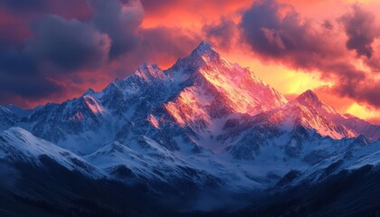 Snow-capped mountains under a vibrant sky, soft natural lighting, high contrast, photo-realistic, sharp details