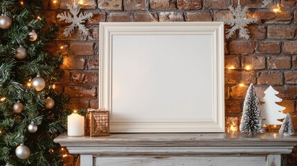 mockup of an empty wide white picture frame sitting on a rustic brick house wall, Christmas theme