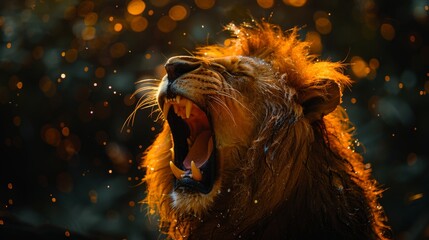 Roaring male lion. An angry lion with an open mouth. expression of anger. Portrait of a big male lion with open mouth on a dark background. 