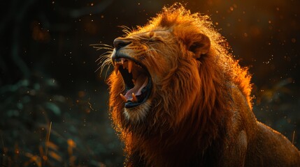 Naklejka premium Roaring male lion. An angry lion with an open mouth. expression of anger. Portrait of a big male lion with open mouth on a dark background. 