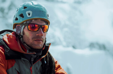 Man with sun glasses is climbing in the mountains.