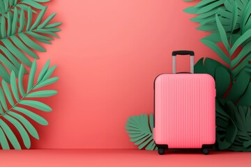 Pink Suitcase Surrounded by Tropical Leaves