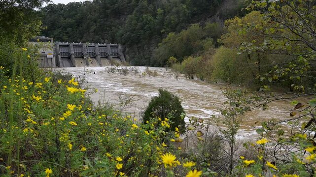 Fort Patrick Henry Dam, spilling, muddy flood waters from four spillways after hurricane Helene. Located in Sullivan County in Kingsport, Tennessee on the South Fork Holston River.