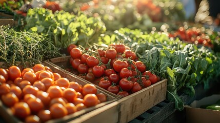 Sustainable food systems with farmers markets, vibrant produce, soft lighting, earthy tones, photo-realistic