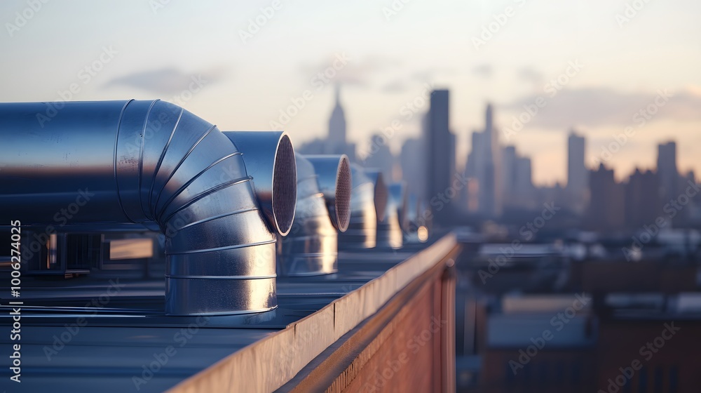 Aufkleber a city skyline with a large pipe running through it. the pipe is silver and he is a part of a larger