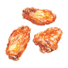 fried chicken wings in watercolor illustration style, isolated vector on white background