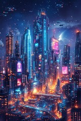 Obraz premium An isometric illustration of a sprawling futuristic city skyline at night.