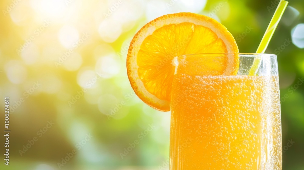 Poster A refreshing glass of freshly squeezed orange juice, glistening with condensation, served with a slice of orange on the rim and a straw, capturing the essence of summer.