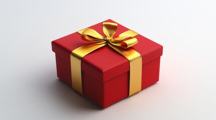 Elegant red gift box with a golden ribbon lying on white background