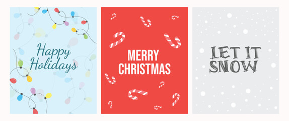 Merry Christmas holiday card set, flat style vector illustration