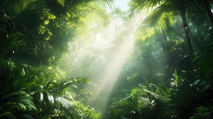 Tropical rainforest scene, vibrant greenery, soft sunlight filtering through trees, serene atmosphere, photo-realism