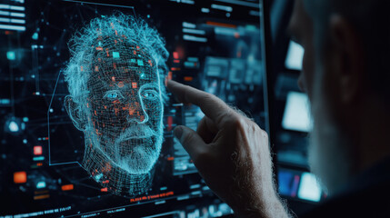 Digital interface with holographic face analysis and businessman