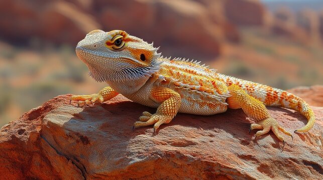 A vibrant lizard basking on a rock in a natural environment.