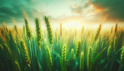 fresh Green ears of wheat in beautiful green wheat field in spring summer, for agriculture, farming, food, nature related concept background