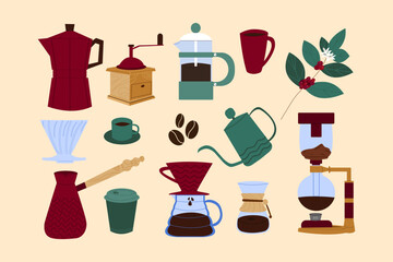 Different ways of making coffee. Alternative coffee brewing. Vector  elements isolated on background.