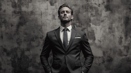 Fototapeta premium businessman exuding authority and confidence in a suit, demonstrating leadership qualities and a strong business presence, representing success, influence, and ambition