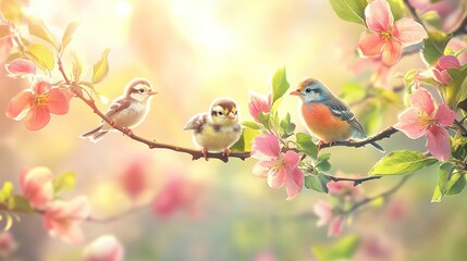 Obraz premium Charming Birds Among Blooming Flowers