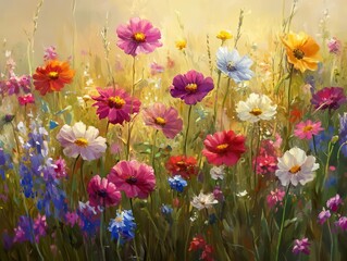 Wildflower meadow with vibrant colors, soft natural lighting, warm tones, calm atmosphere, photo-realism