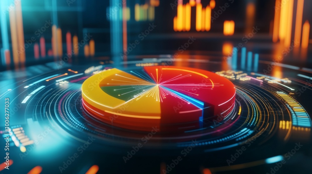 Poster a rotating 3d pie chart with colorful, glossy slices, showing data analysis trends in a futuristic e