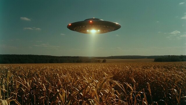 Vintage film photo of UFO flying over a corn field. Analog photography