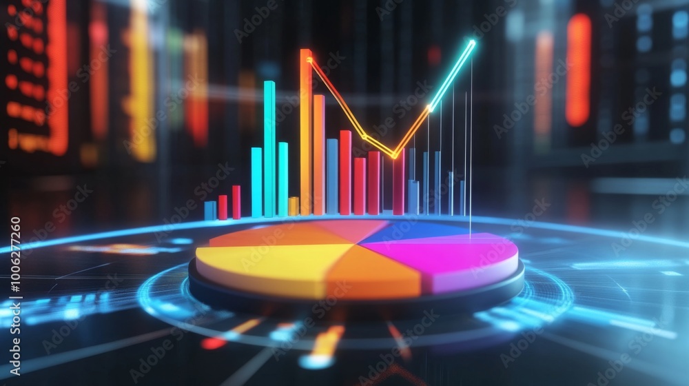 Poster a rotating 3d pie chart with colorful, glossy slices, showing data analysis trends in a futuristic e