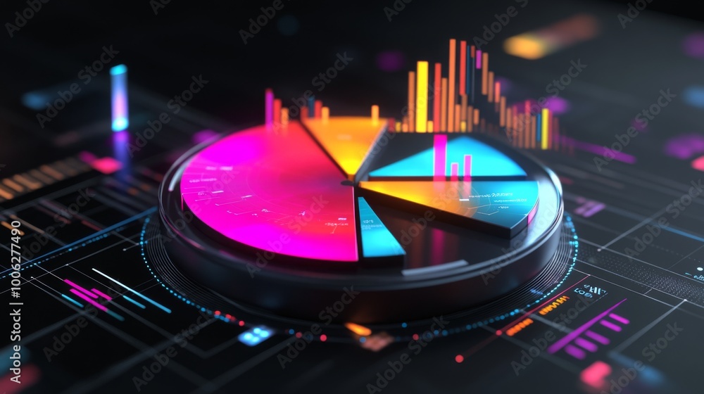 Poster a rotating 3d pie chart with colorful, glossy slices, showing data analysis trends in a futuristic e