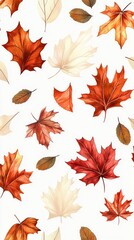 Obraz premium Seamless autumn pattern with watercolor falling leaves on white background