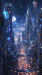 Fototapeta premium An isometric illustration of a sprawling futuristic city skyline at night.