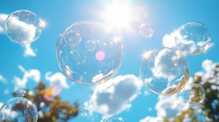 Soap bubbles floating in a blue sky on a sunny day